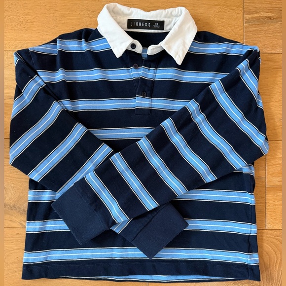 Lioness Tops - Lioness Navy & Light Blue Striped Rugby Long Sleeve Polo